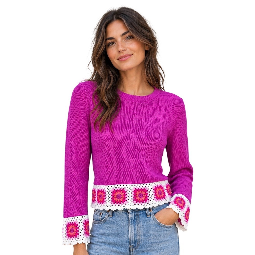 Womens Waffle Knit Sweater Size Small Pink Floral Crochet Granny Square Boho Y2K